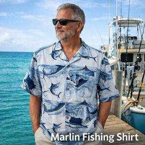 Joe Marlin Fishing Shirt Hawaiian Style Marlin Print Mens M Blue Camp Button Up